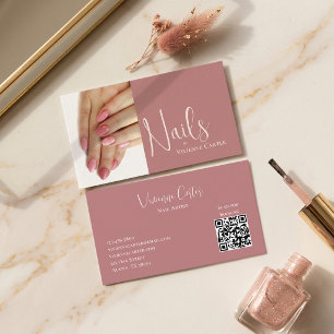 Moderne Roze Roze Script Foto Nagel Kunstenaar QR  Visitekaartje