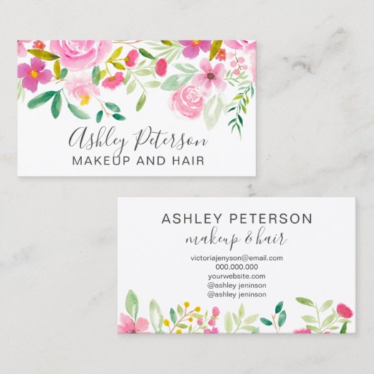 Moderne roze roze waterverf make-up visitekaartje (Voorkant / Achterkant)