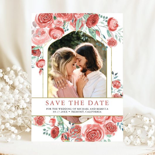 Moderne Roze Rozen Bloemen Foto Bruiloft Save The Date