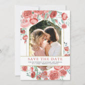 Moderne Roze Rozen Bloemen Foto Bruiloft Save The Date (Voorkant)