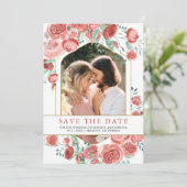 Moderne Roze Rozen Bloemen Foto Bruiloft Save The Date (Staand voorkant)