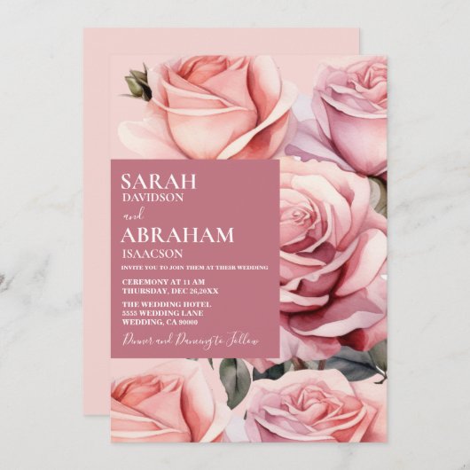 Moderne Roze Rozen bruiloft uitnodiging (Voorkant / Achterkant)