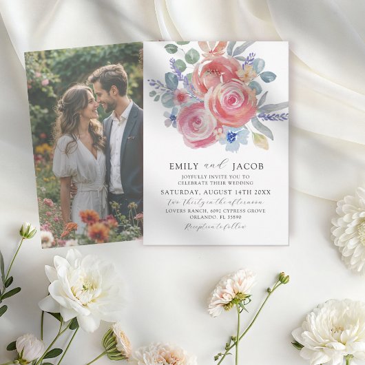 Moderne Roze Rozen & Eucalyptus Watercolor Trouwka Kaart