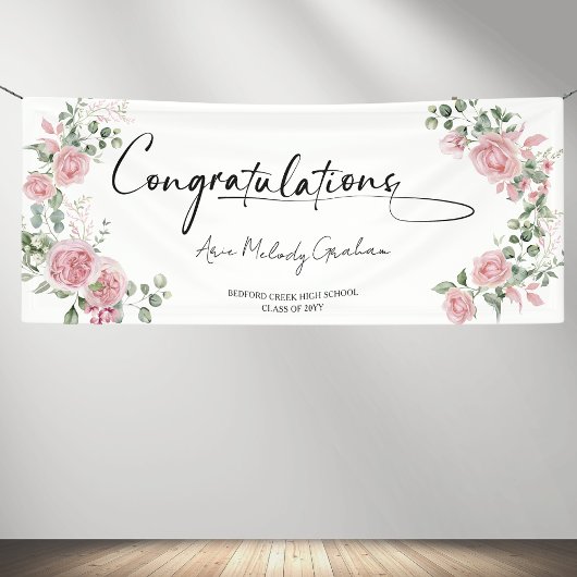 Moderne Roze Rozen Gefeliciteerd Afstuderen Spandoek
