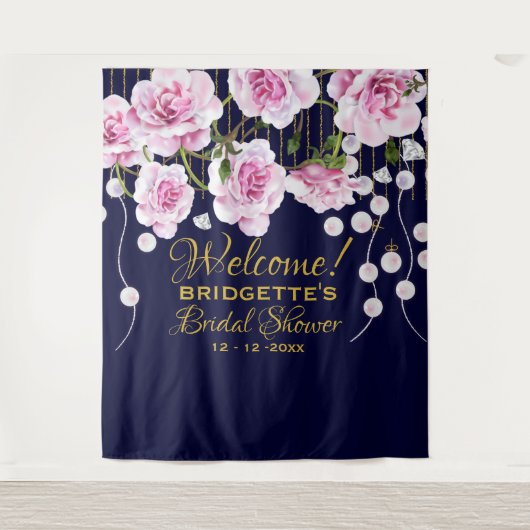 Moderne  Roze Rozen Parels Bruiloft Wandkleed (Voorkant)