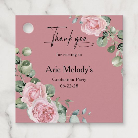 Moderne Roze Rozen Script Afstudeercadeau Bedankjes Labels (Voorkant)