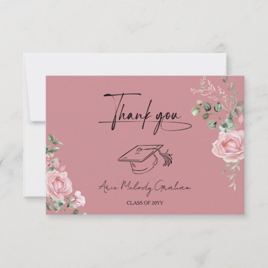 Moderne Roze Rozen Script Afstuderen Bedankkaart (Voorkant)