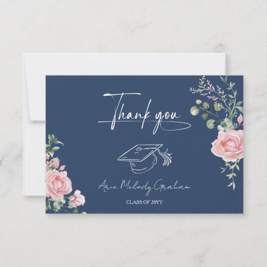 Moderne Roze Rozen Script Afstuderen Bedankkaart (Voorkant)