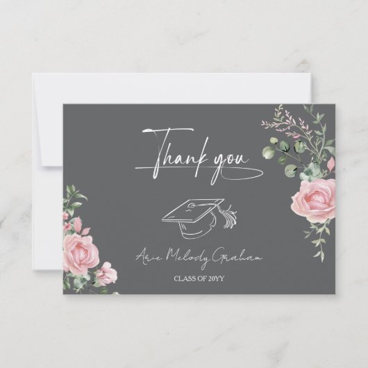 Moderne Roze Rozen Script Afstuderen Bedankkaart (Voorkant)