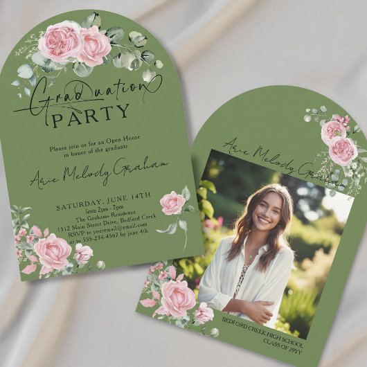 Moderne roze rozen script foto afstuderen kaart