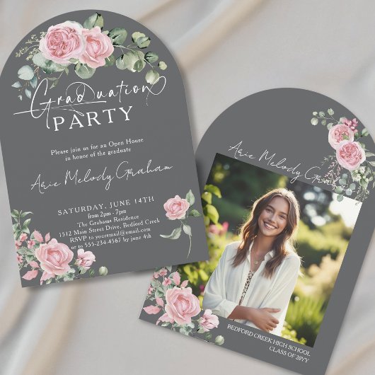 Moderne roze rozen script foto afstuderen kaart