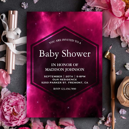 Moderne Roze Ruimte Melkweg Baby Shower Kaart
