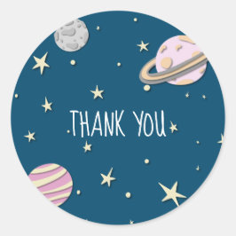 Moderne roze ruimtecentrales en moonsterren bedank ronde sticker