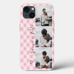 Moderne roze ruitnamen 3 foto's collage raster iPhone 13 hoesje