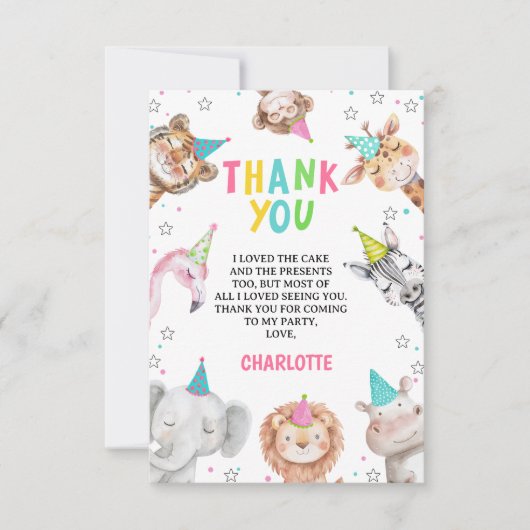 Moderne Roze Safari Bellen Feest Dieren Verjaardag Bedankkaart (Voorkant)