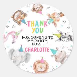 Moderne Roze Safari Party Dieren Verjaardag Sticke Ronde Sticker