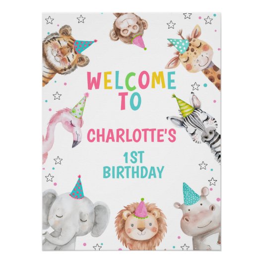 Moderne Roze Safari Party Dieren Verjaardag Welkom Perfect Poster (Voorkant)