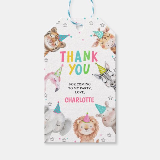 Moderne Roze Safari Party Dieren Verjaardagscadeau Cadeaulabel (Voorkant)