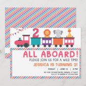 Moderne Roze Safari Trein Verjaardagsuitnodiging Kaart (Voorkant / Achterkant)