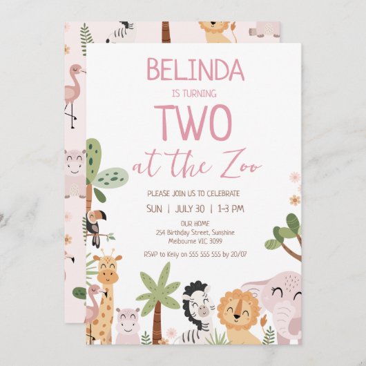 Moderne roze safari twee in de dierentuin 2e verja kaart (Voorkant / Achterkant)