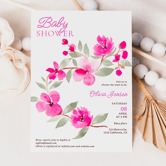 Moderne roze sakura bloemrijke waterverf baby show kaart