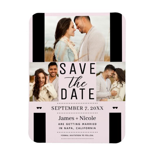 Moderne Roze Save the Date 3 Foto Huwelijk Magneet (Verticaal)
