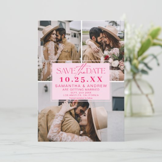 Moderne roze save the date 3 foto's raster collage (Staand voorkant)