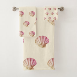 Moderne  Roze Schelpen op Beige Cream Bad Handdoek