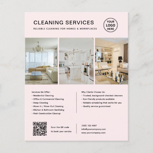 Moderne Roze Schoonmaakdiensten QR Zakelijk Flyer (Voorkant)