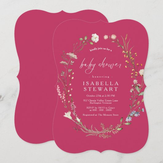 Moderne Roze Schrift Wilde Bloemen Baby Shower Kaart (Voorkant / Achterkant)