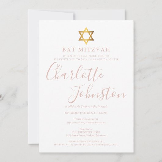 Moderne roze script Bat Mitzvah Kaart (Voorkant)