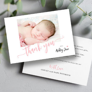 Moderne roze script foto baby shower bedankt