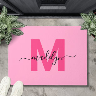 Moderne Roze Script Initiaal Monogram Naam Deurmat