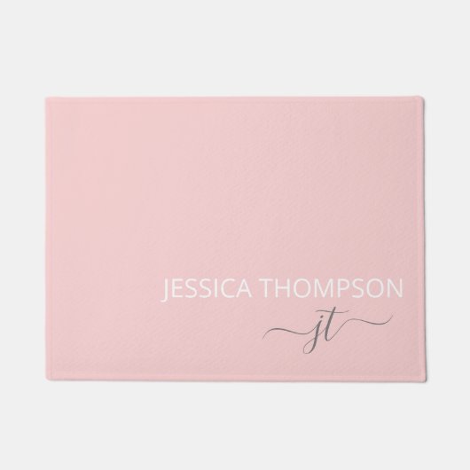 Moderne Roze Simpele Script Monogram Naam Deurmat (Voorkant)