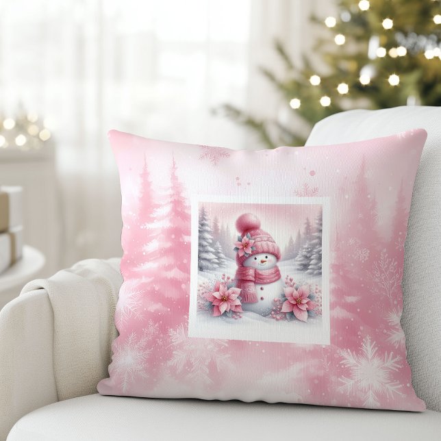 Moderne Roze Sneeuwman Kerst Scene Kinder Cadeau  Kussen (Modern Pink Snowman Christmas Scene Kids Gift Pillow

)
