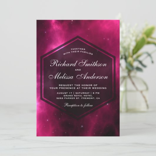 Moderne Roze Space Galaxy Trouw Uitnodiging (Staand voorkant)