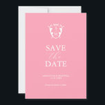 Moderne roze sparen de Datum Save The Date<br><div class="desc">Kondig uw verloving aan met deze minimale bruiloft, bewaar de datumuitnodigingen. Ze beschikken over een mix van klassieke en scripttypografie in het wit over een trendy roze achtergrond met een monogram kam aan de bovenkant. Gebruik de sjabloon velden om te personaliseren met jouw naam en trouwdatum. Pas zelfs de kleuren...</div>