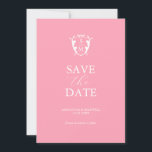 Moderne roze sparen de Datum Save The Date<br><div class="desc">Kondig uw verloving aan met deze minimale bruiloft, bewaar de datumuitnodigingen. Ze beschikken over een mix van klassieke en scripttypografie in het wit over een trendy roze achtergrond met een monogram kam aan de bovenkant. Gebruik de sjabloon velden om te personaliseren met jouw naam en trouwdatum. Pas zelfs de kleuren...</div>