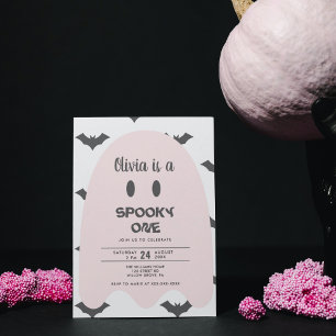 Moderne roze spook Halloween 1e verjaardag Kaart