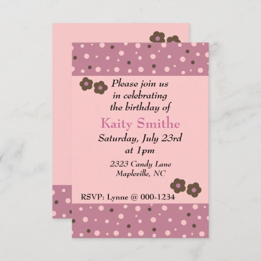 Moderne roze Stippen en bloemen uitnodiging (Voorkant / Achterkant)