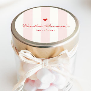 Moderne Roze Streep Hart Valentijnsdag Baby Shower Ronde Sticker