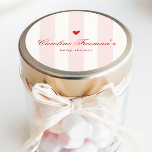 Moderne Roze Streep Hart Valentijnsdag Baby Shower Ronde Sticker