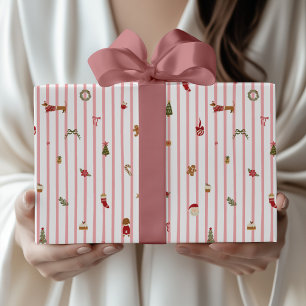 Moderne roze streep kerstillustratie cadeaupapier
