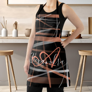 Moderne Roze Strepen Abstract Monogram Huishoudste Schort