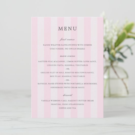 Moderne Roze Strepen Elegante Trouw Menu (Staand voorkant)