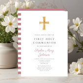 Moderne Roze Strepen Kruis Meisje Eerste Communie Kaart