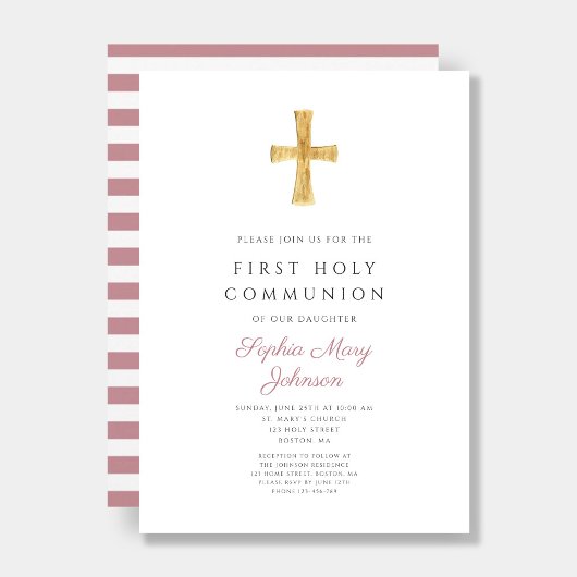 Moderne Roze Strepen Kruis Meisje Eerste Communie Kaart