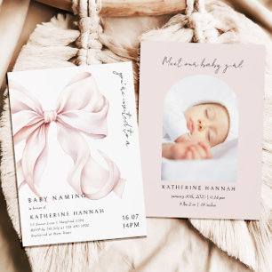 Moderne Roze Strik Baby Naamgeving Kaart