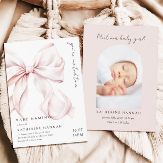 Moderne Roze Strik Baby Naamgeving Kaart