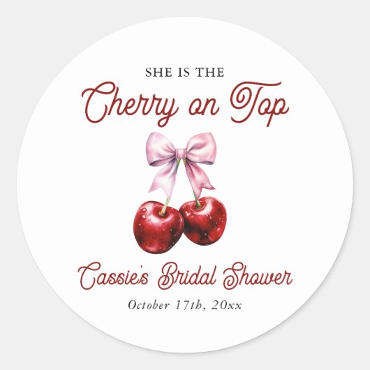 Moderne Roze Strik Bruidsdouche 'Cherry On Top' Ronde Sticker (Voorkant)